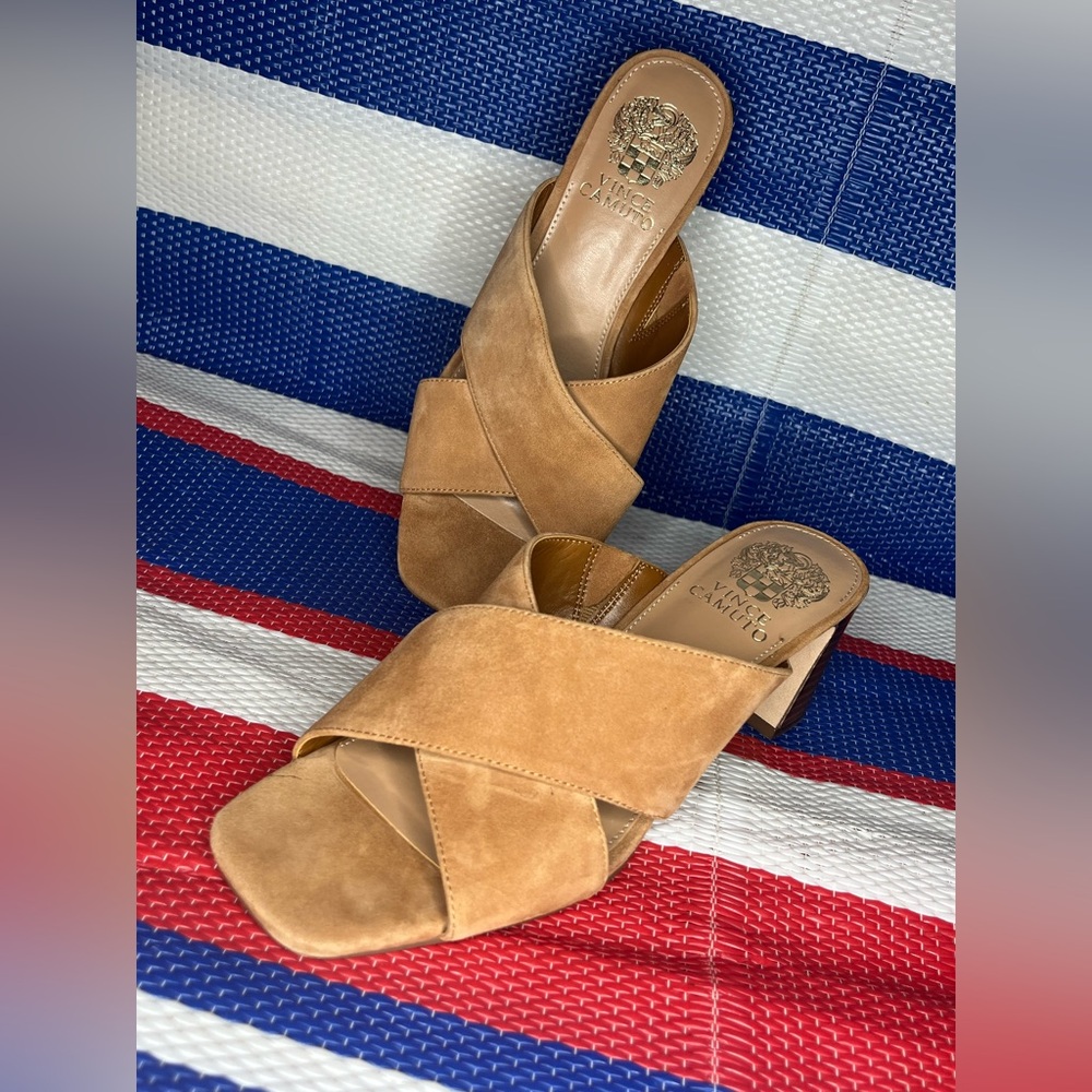 NWOT Vince Camuto Slip On Suede Criss Cross Stap Tan Women's Block Heels Mules 8 - Picture 11 of 16